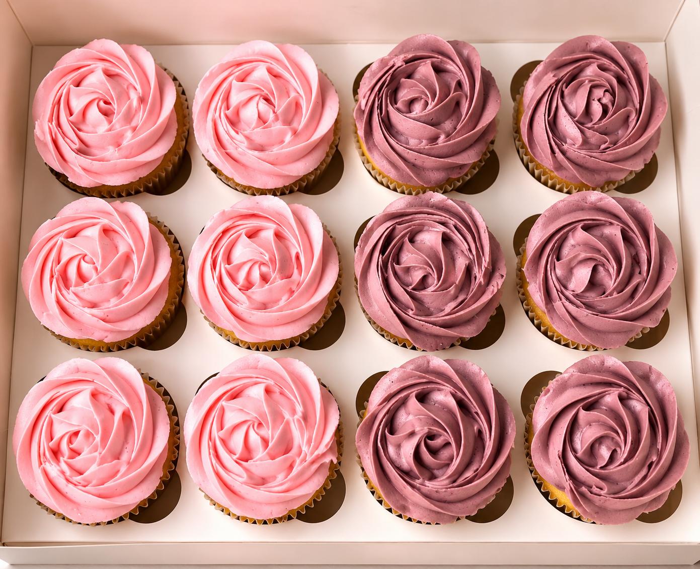 Vanilla Cupcakes with Rose Petals American Buttercream Frosting
