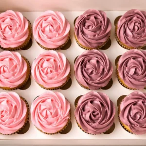vanilla cupcakes with rose petals american buttercream frosting